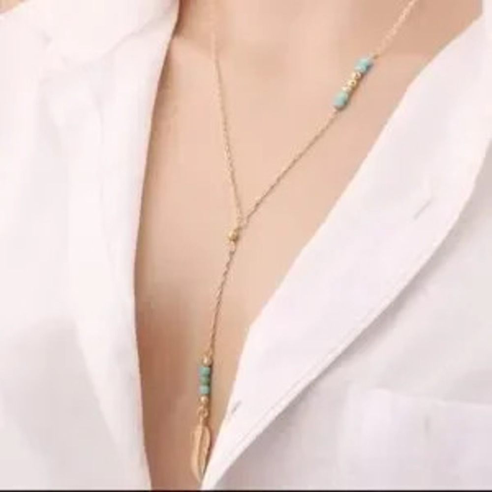 Gold Filled Leaf Turquoise Lariat Necklace